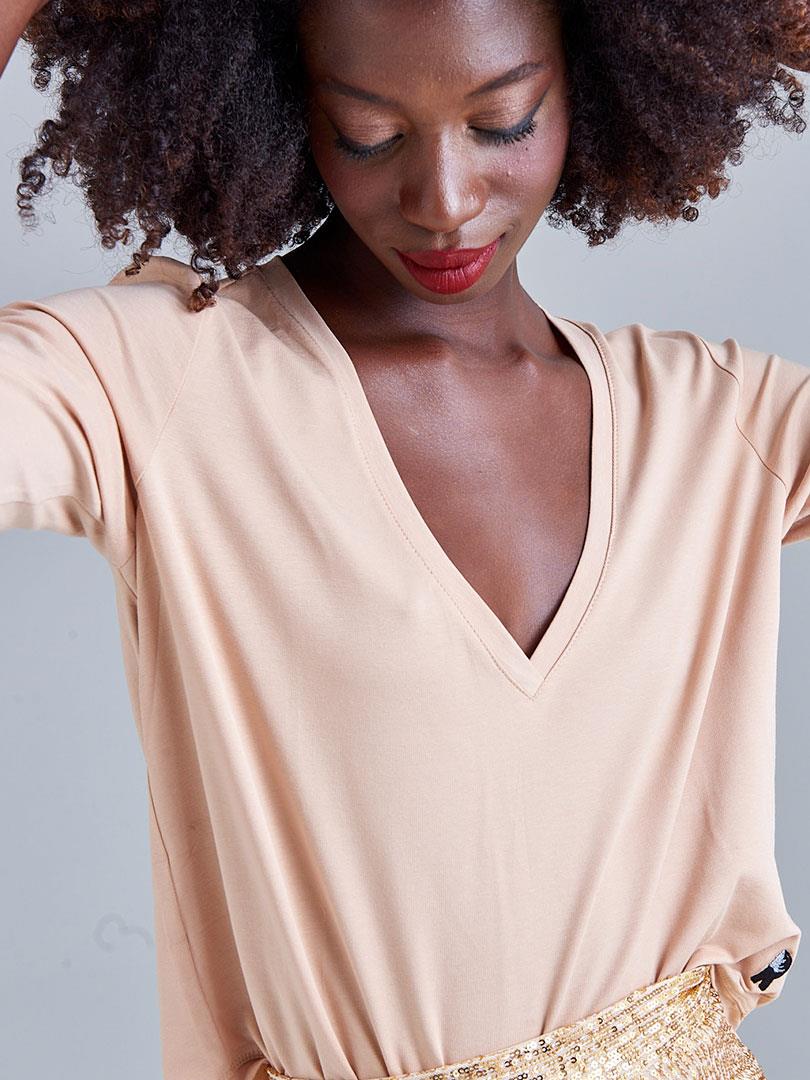 V-Neck Asymmetric Basic T-Shirt - Beige T-shirt Modelleri