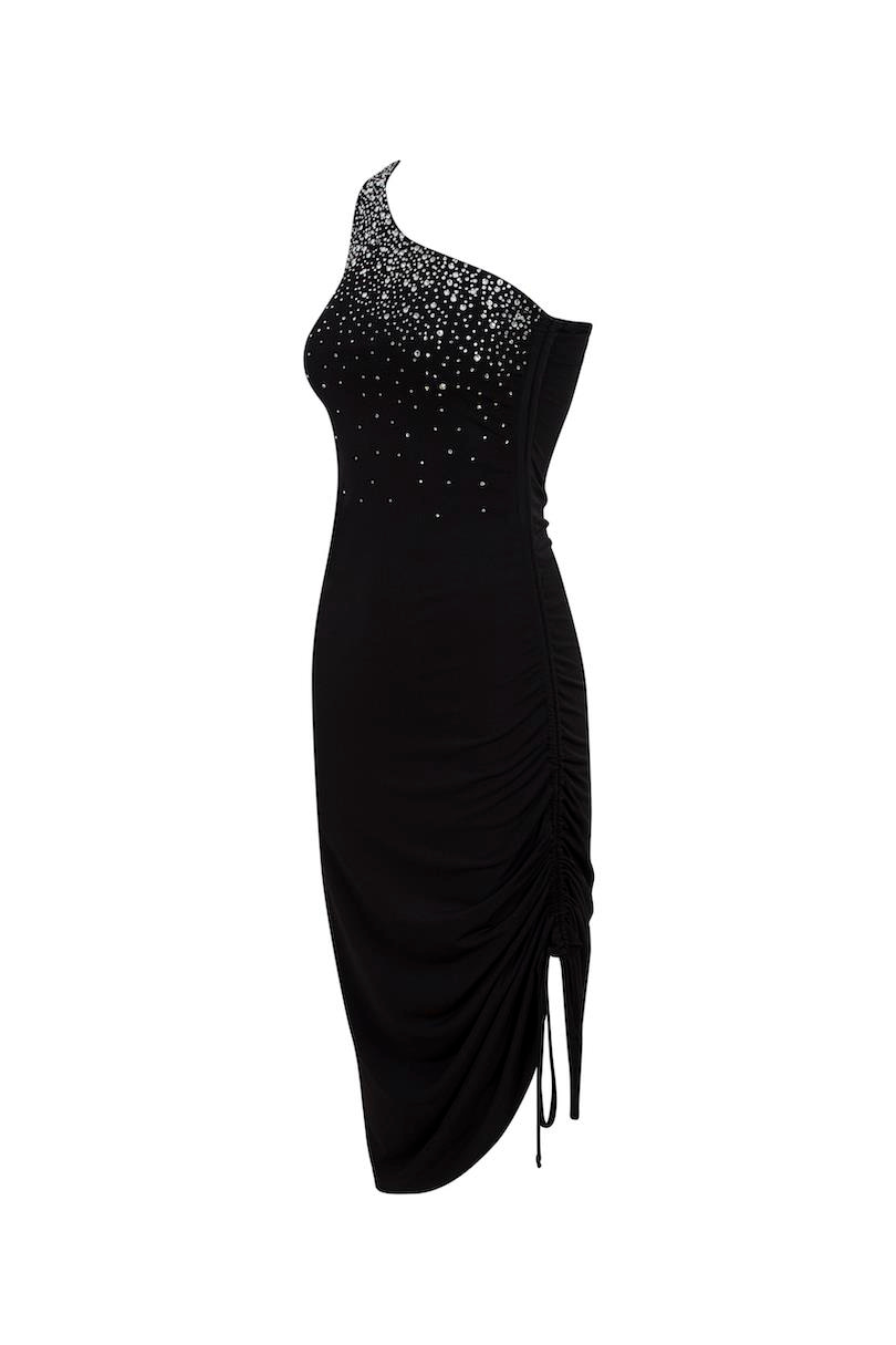 HIBERNUS Adjustable One Shoulder Draped Crystal Dress