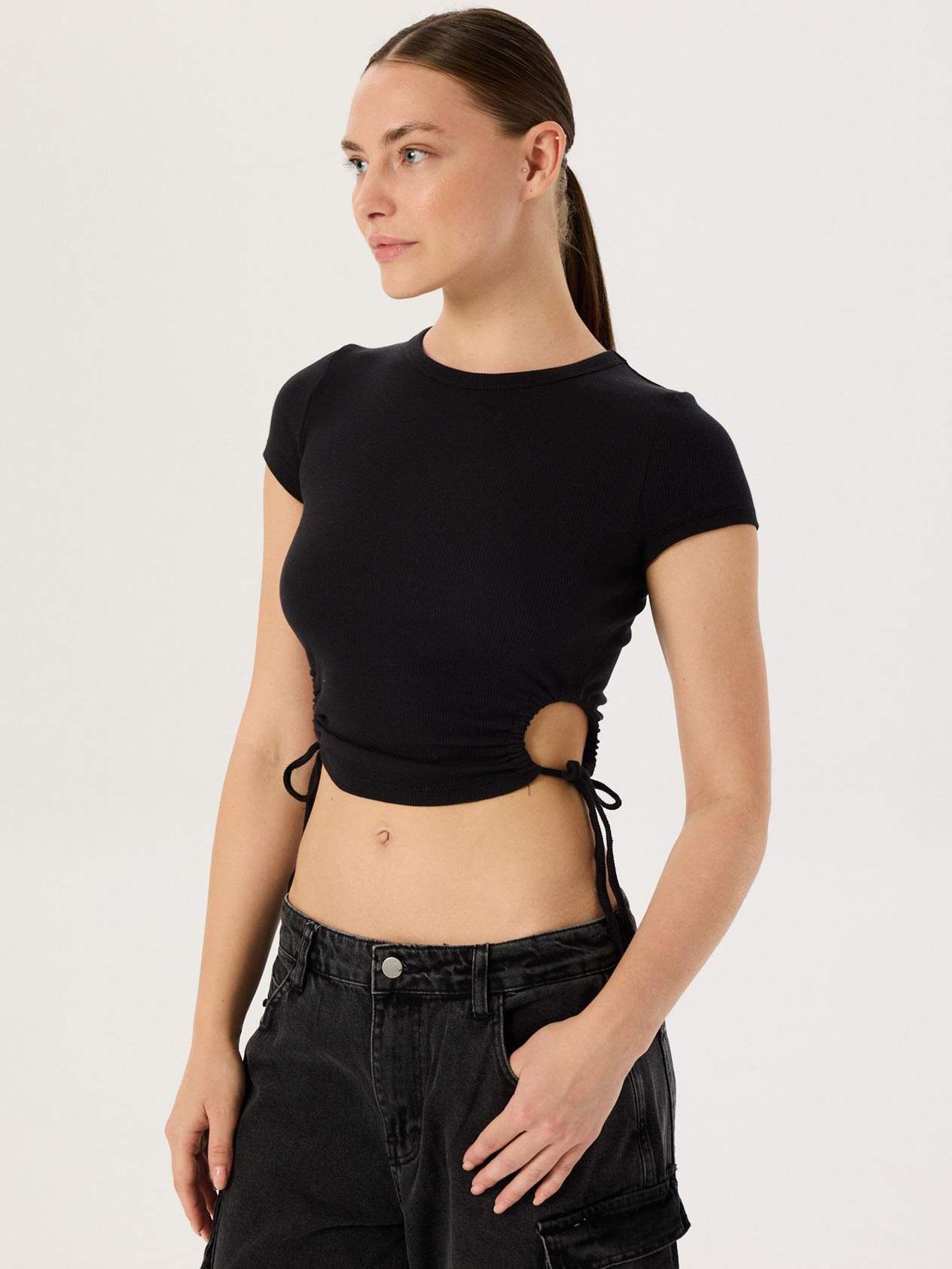 Side Ruched Short Sleeve Body - Black Body & Blouse Modelleri