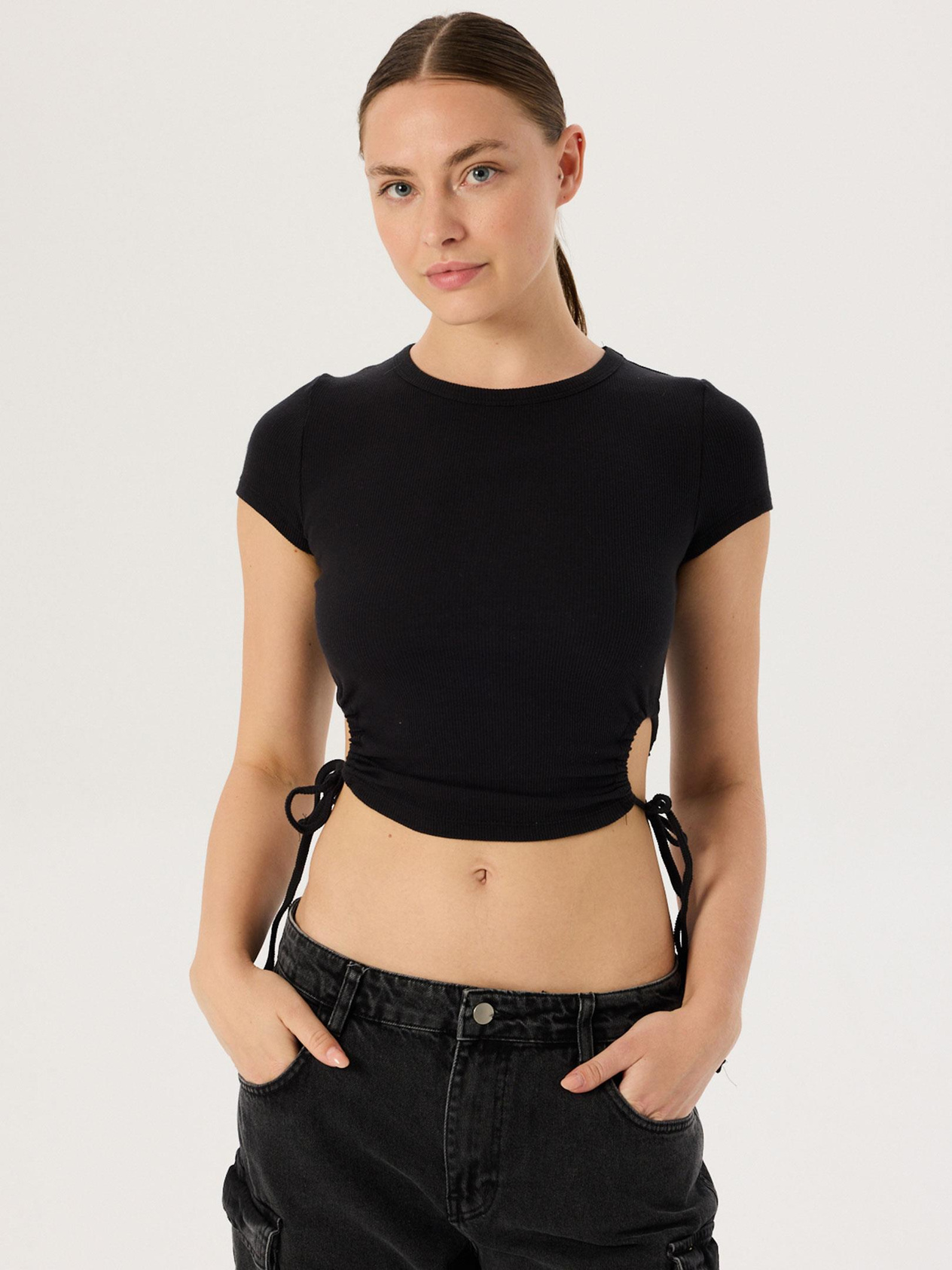 Side Ruched Short Sleeve Body - Black Body & Blouse Modelleri