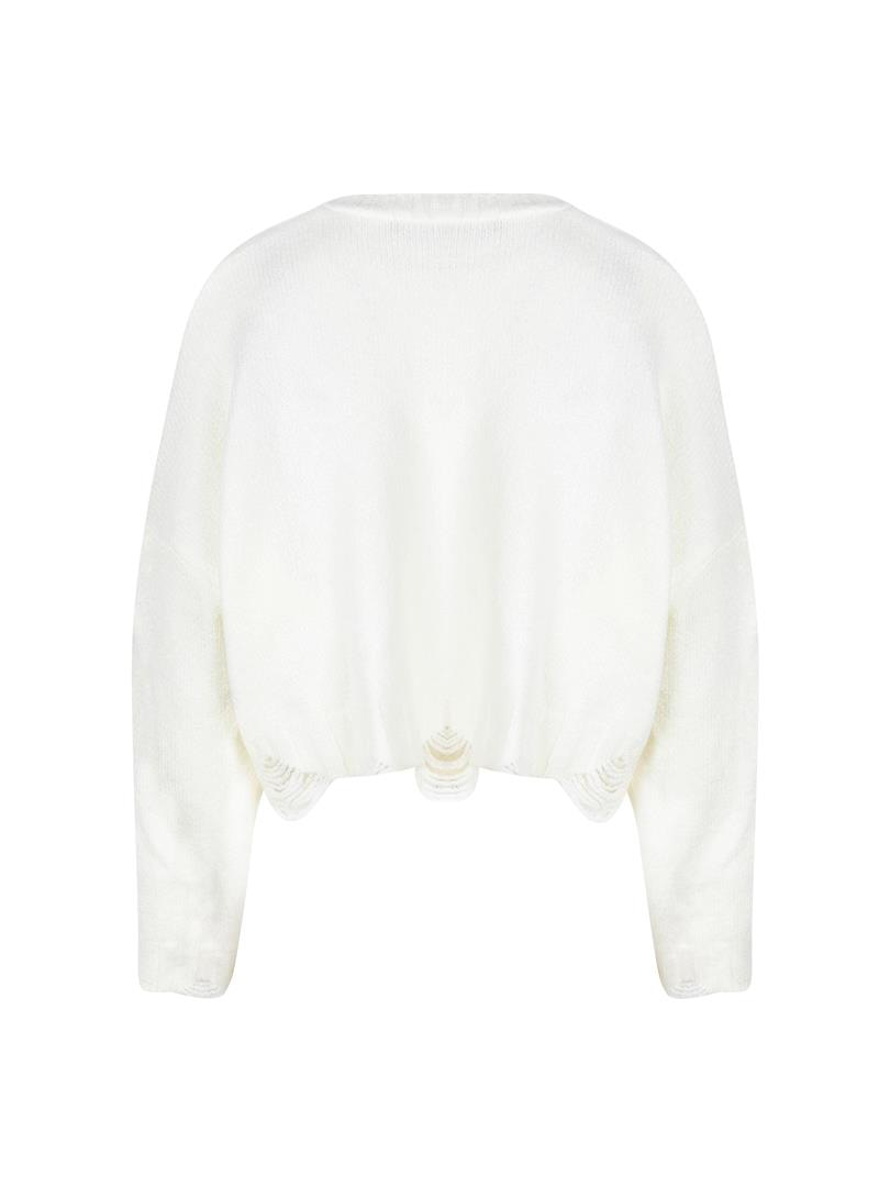Yırtık Detaylı Oversize Crop Triko - Ekru Triko & Kazak Modelleri