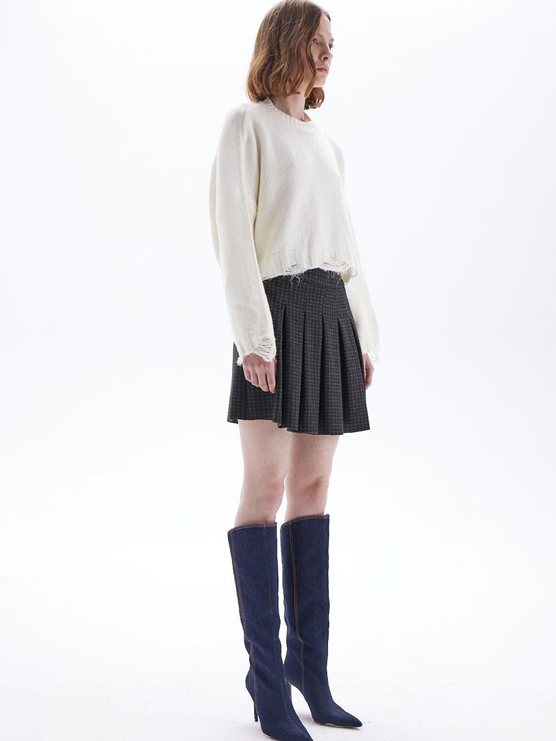 Yırtık Detaylı Oversize Crop Triko - Ekru Triko & Kazak Modelleri