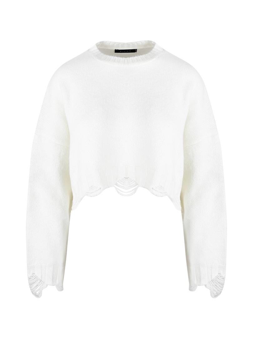 Yırtık Detaylı Oversize Crop Triko - Ekru Triko & Kazak Modelleri