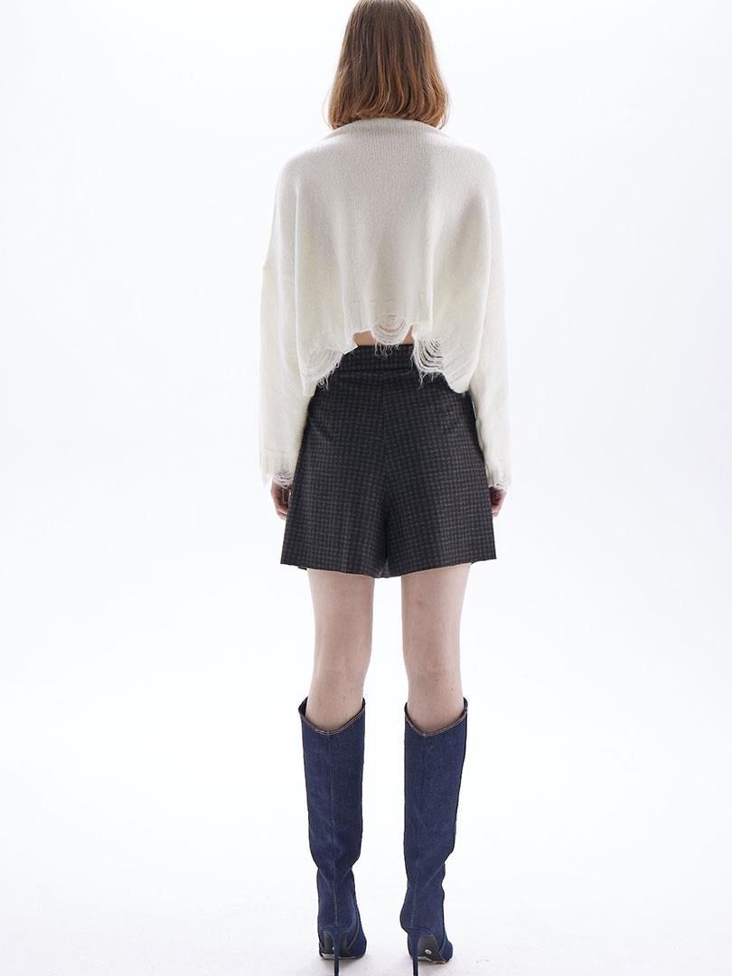 Yırtık Detaylı Oversize Crop Triko - Ekru Triko & Kazak Modelleri