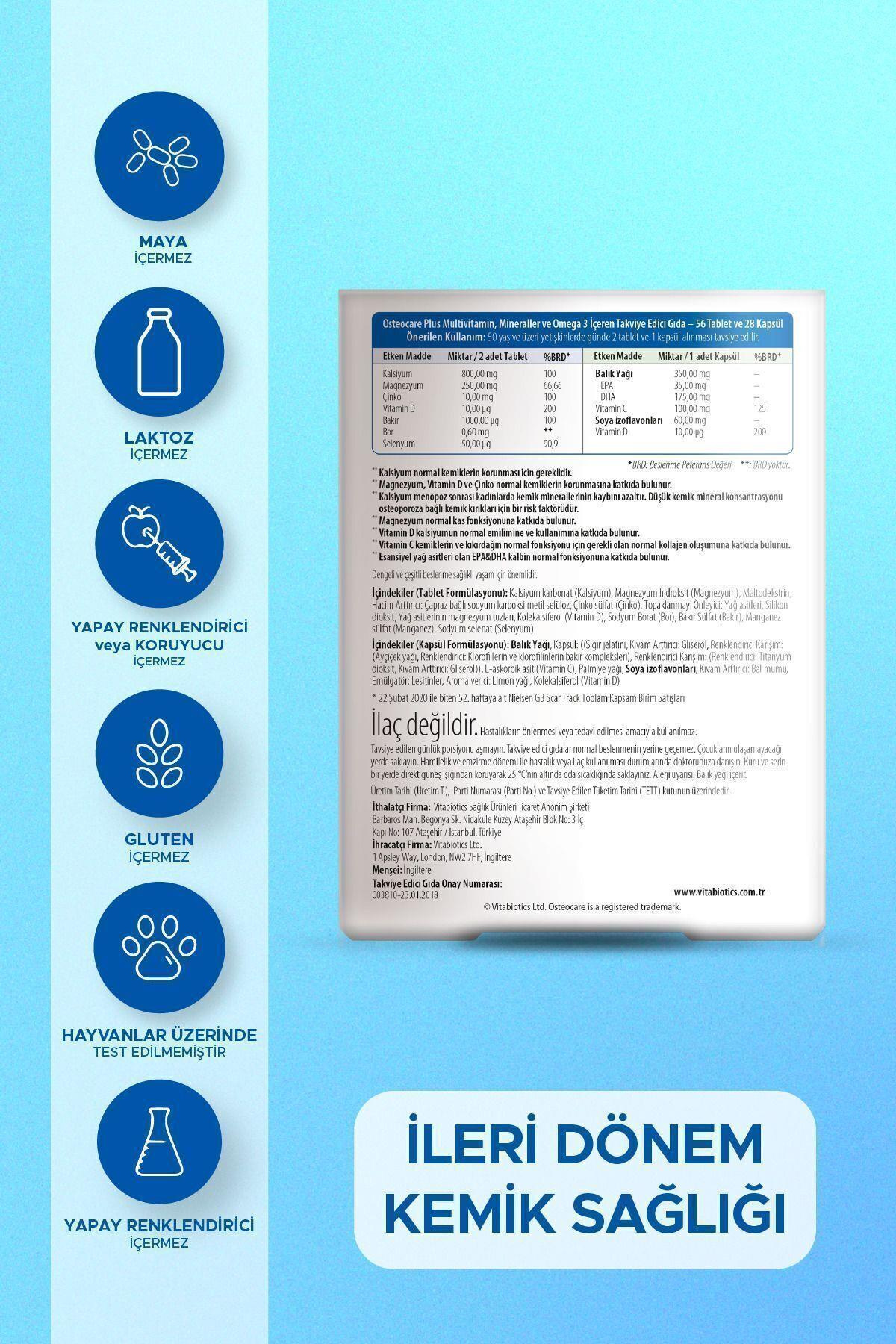 Plus Omega-3, Kalsiyum,Magnezyum,D ve C Vitamini İçeren Kemik Sağlığı Vitamini 56 Tablet-28 Kapsül