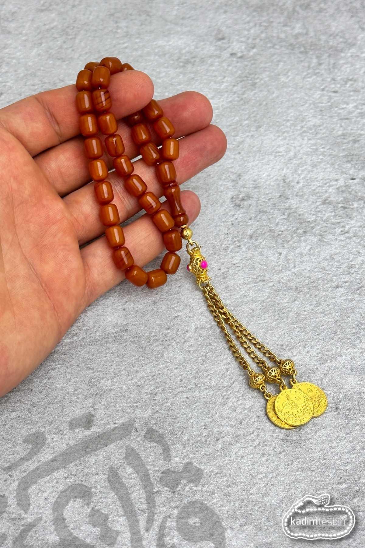 925 Ayar Gold Gümüş Püsküllü Orta Boy Sıkma Kehribar Tesbihl O