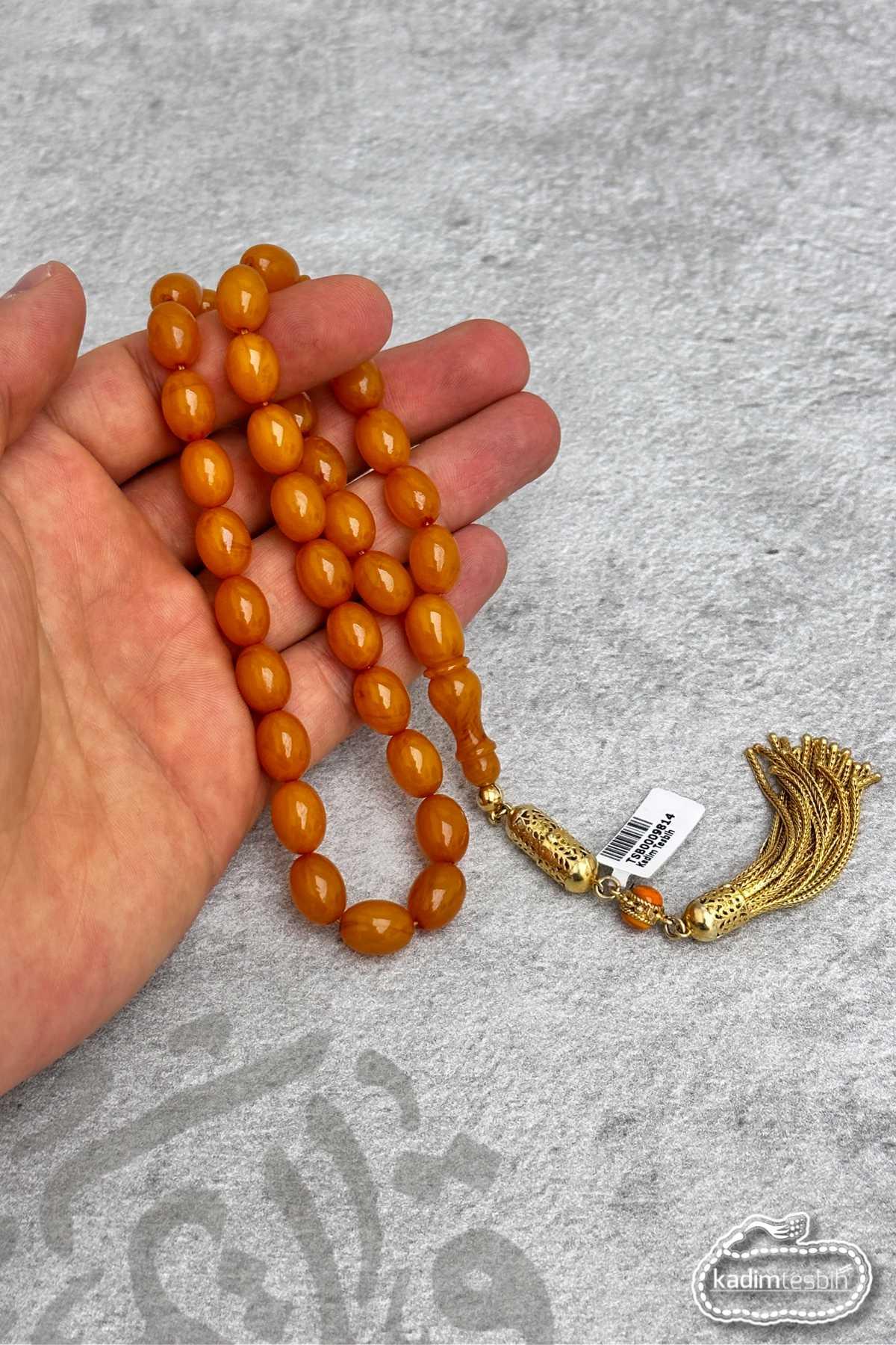 Gömme Kutulu 925 Ayar Gold Gümüş Püsküllü Beyzi Kesim Sıkma Kehribar Tesbih