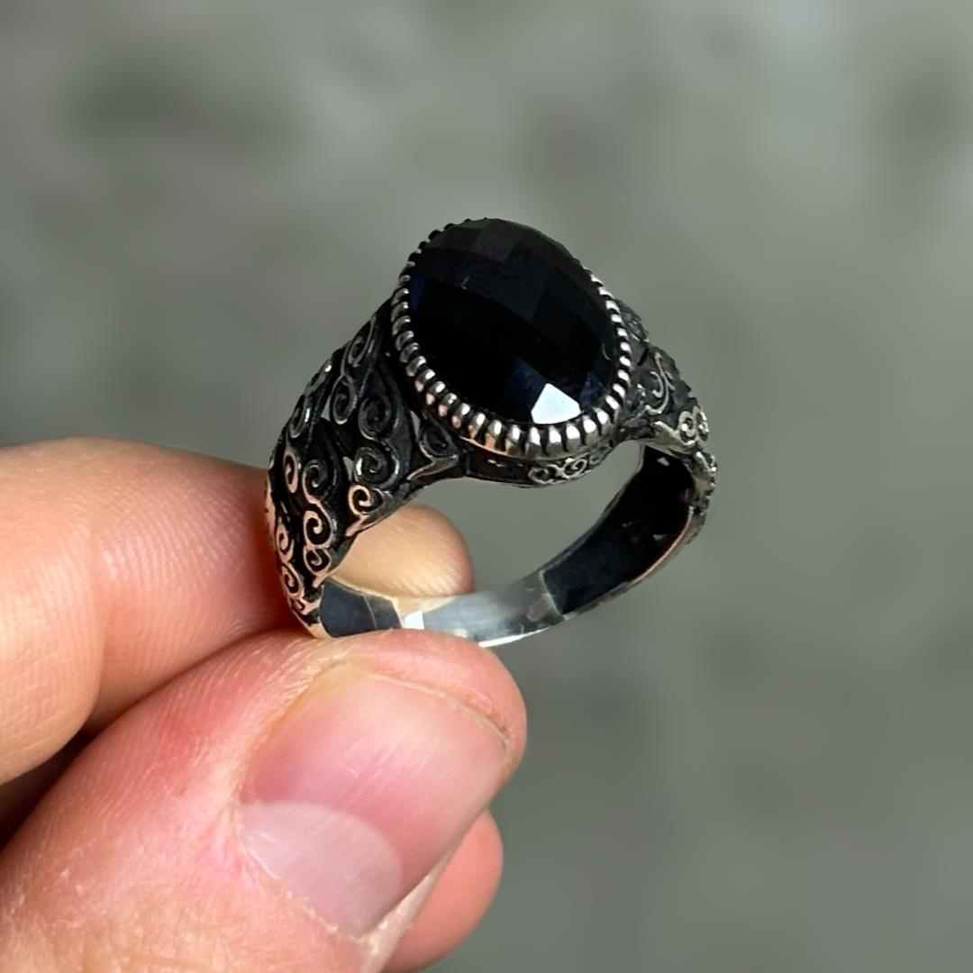 Kök Safir Taşı Elips Model 925 Ayar Gümüş Erkek Yüzük