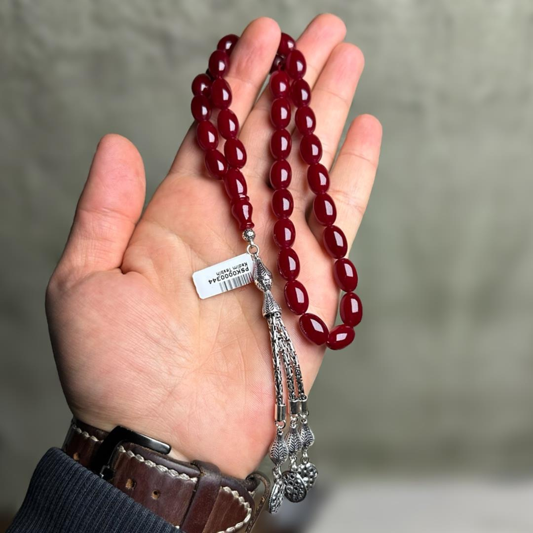 Koyu Kırmızı 925 Ayar Gümüş Püsküllü Sıkma Kehribar Tesbih