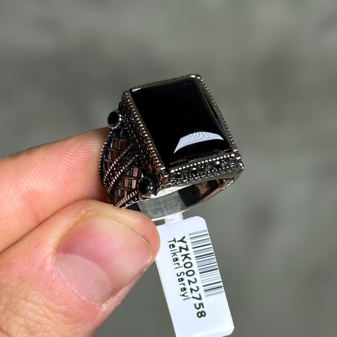 Onix Kare Desenli 925 Ayar Gümüş Erkek Yüzük