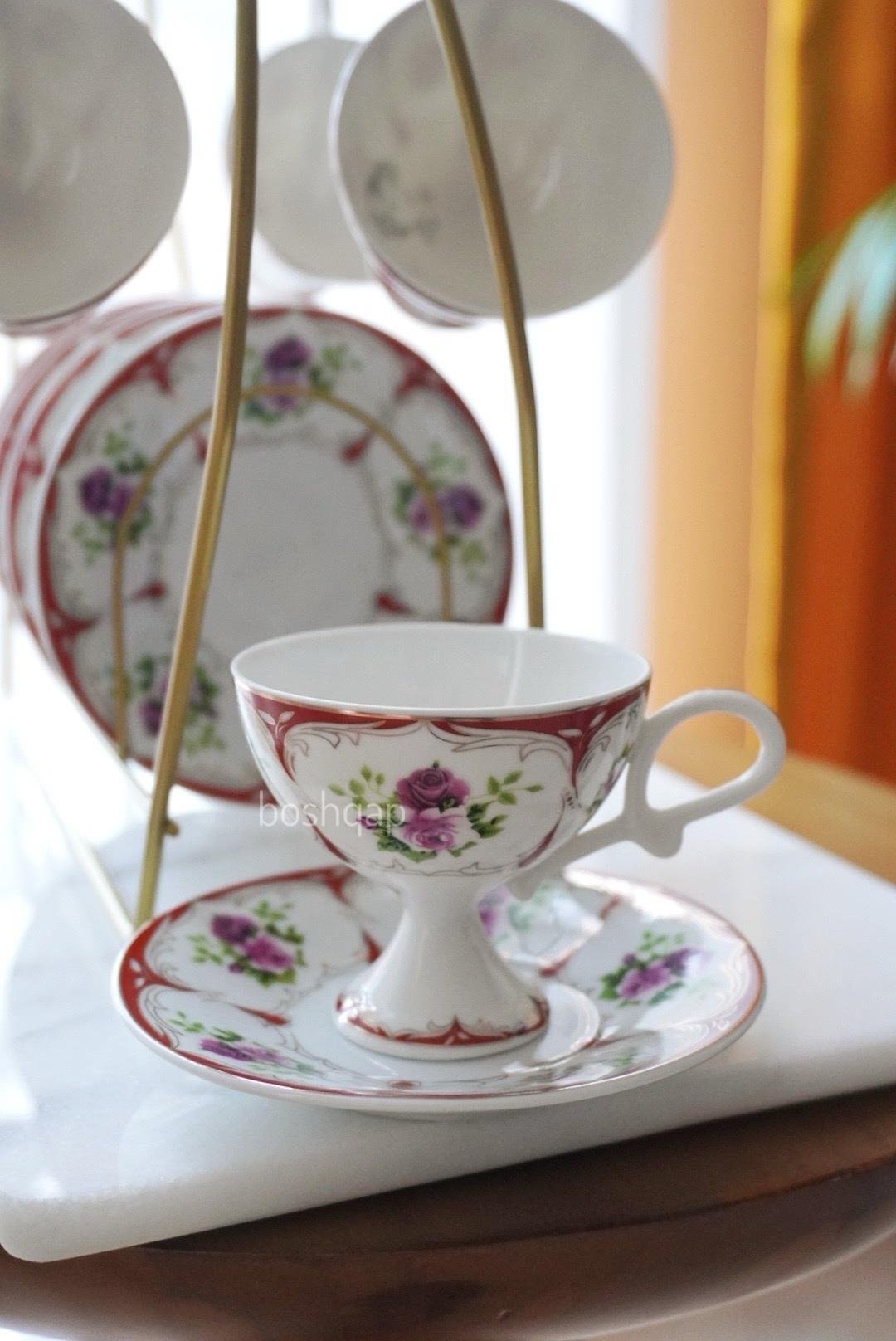 Vintage Floral Bordo 6 Kişilik 12 Parça Porselen Türk Kahve Fincan Takımı