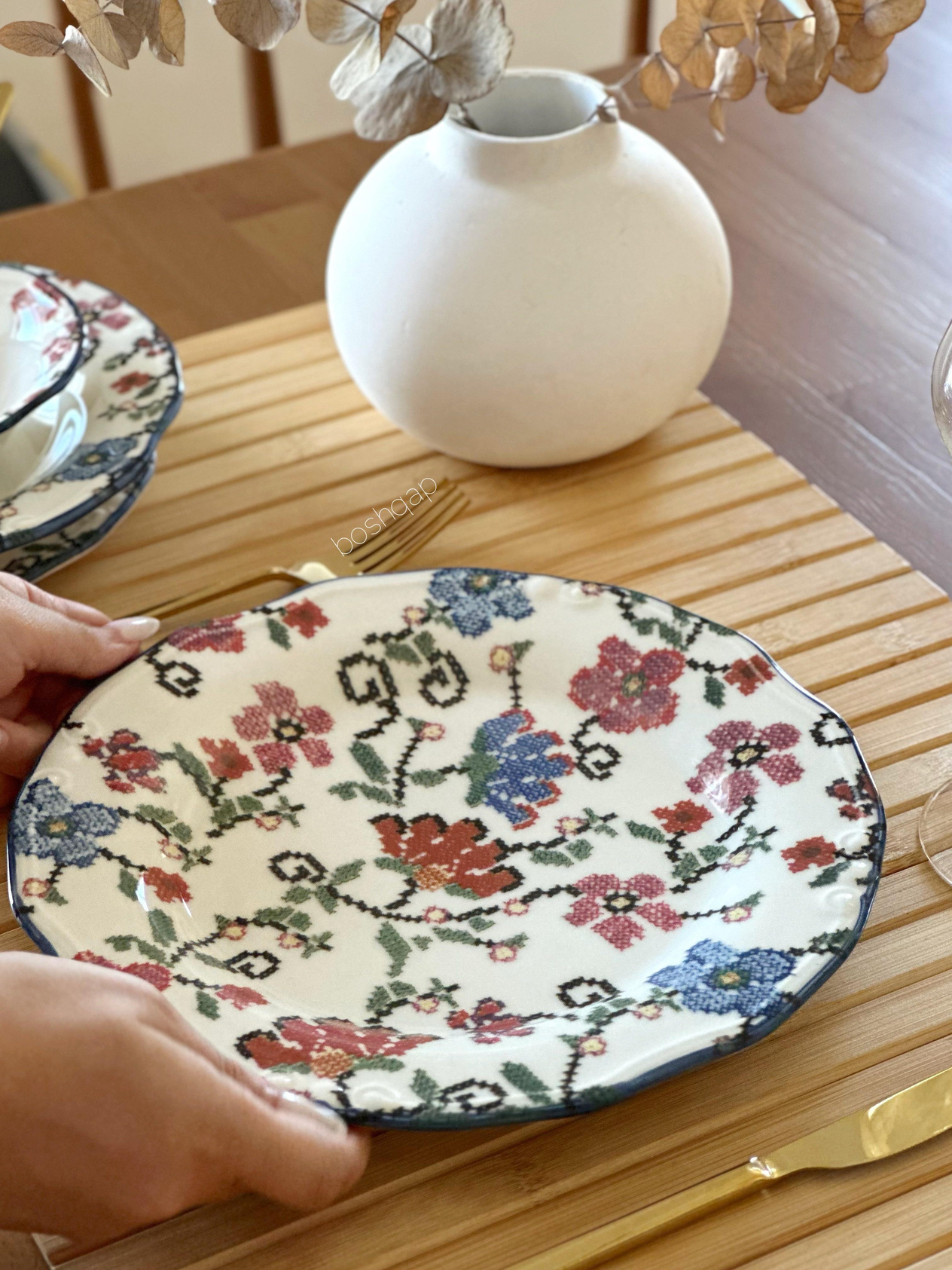 Kanaviçe Desen 6 Kişilik 24 Parça Porselen Yemek Seti