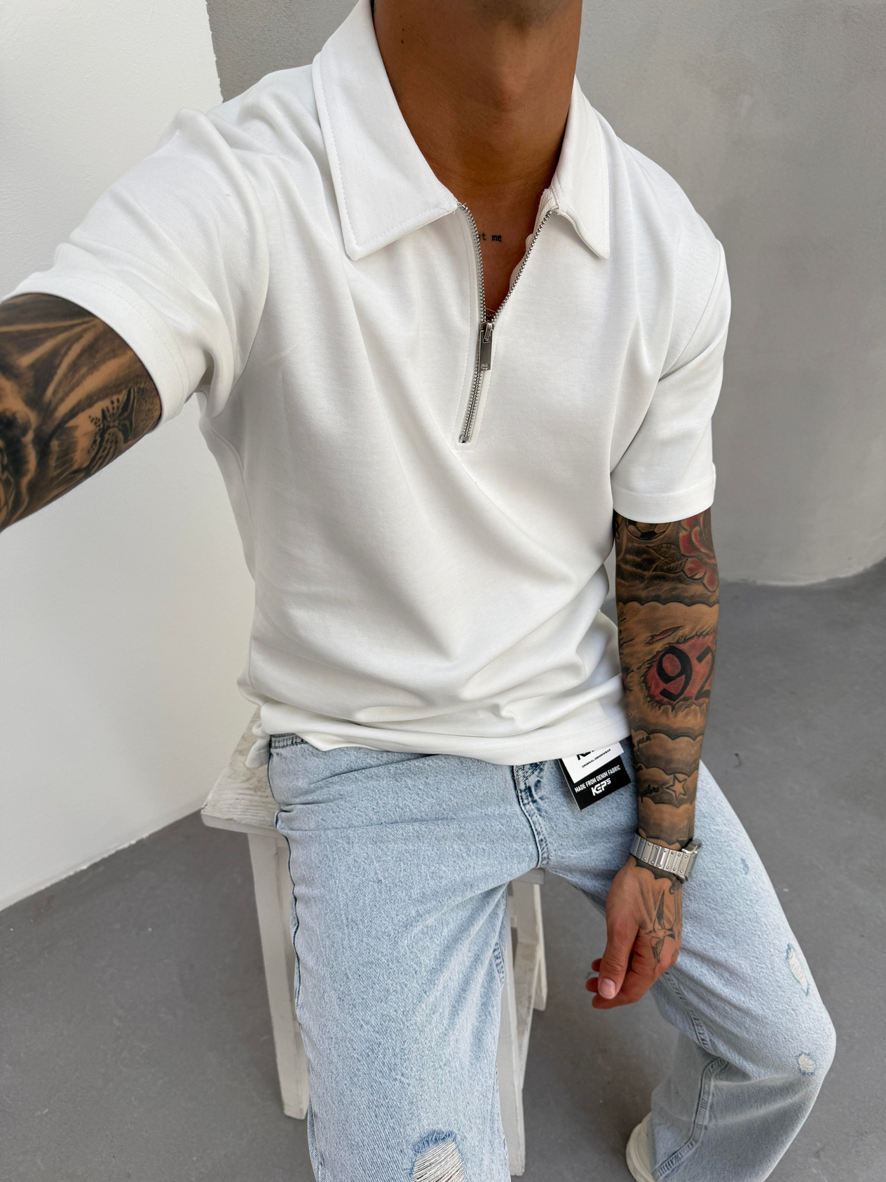 Erkek Polo Yaka Basic Fermuarlı T-Shirt - Beyaz