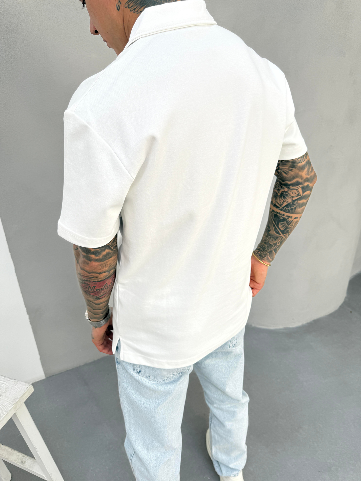 Erkek Polo Yaka Basic Fermuarlı T-Shirt - Beyaz