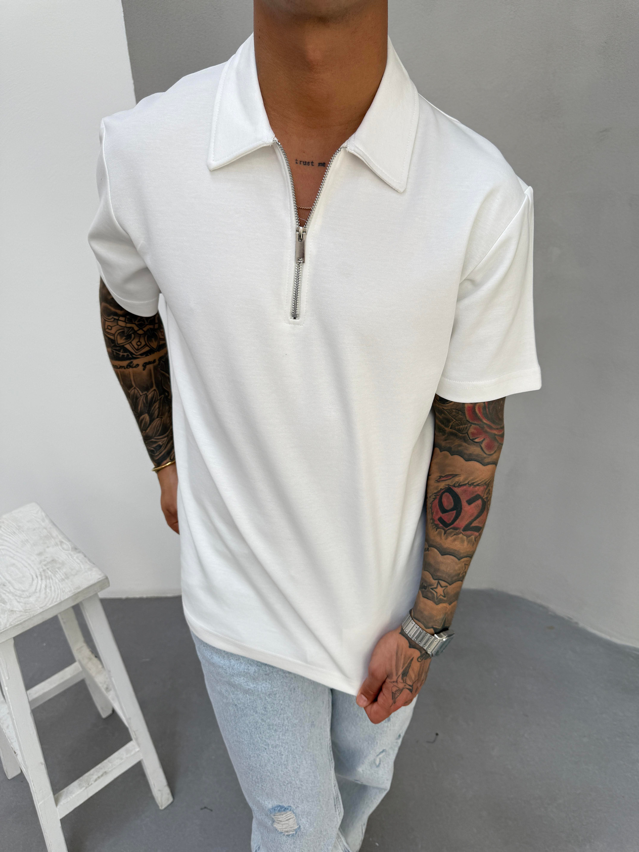 Erkek Polo Yaka Basic Fermuarlı T-Shirt - Beyaz