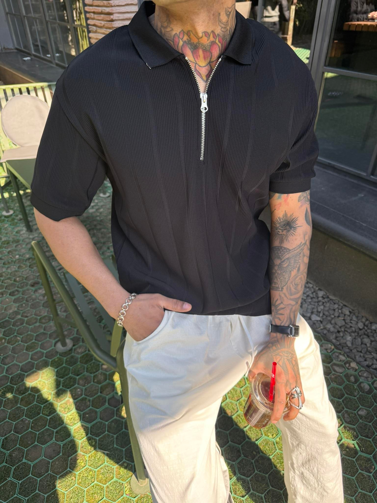 Yarım Fermuar Fitilli Regular Fit  Polo Yaka T-Shirt -Siyah
