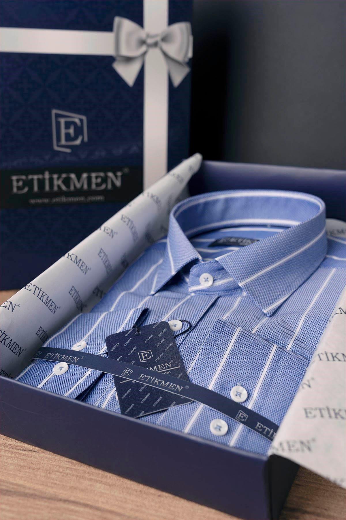 EtikmenMavi Beyaz Çizgili Slimfit Hediye Kutulu Erkek GömlekGÖMLEK MODELLERİ