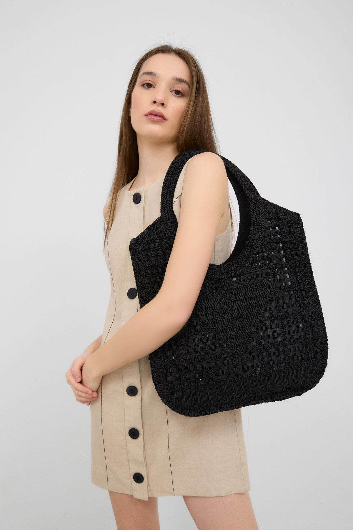 Vicolo Siyah Handmade Makrome Tote Çanta
