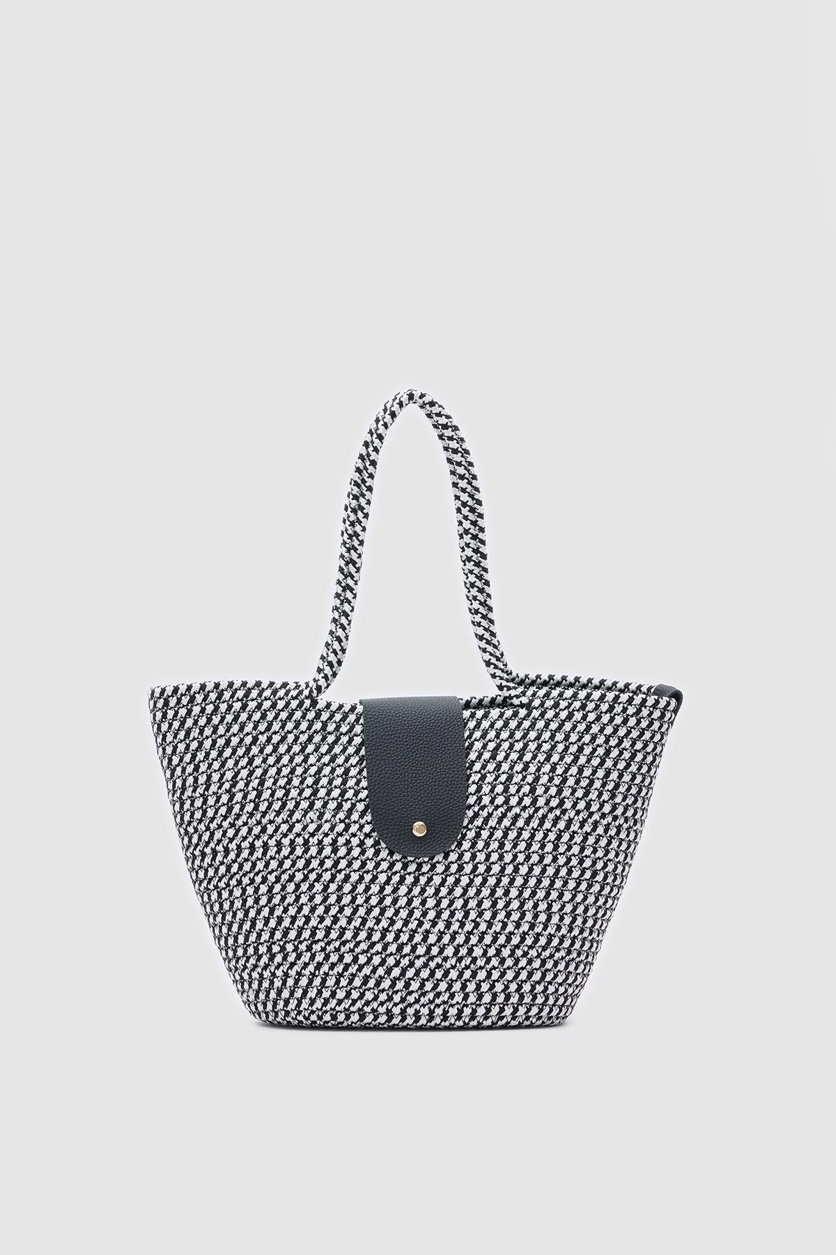 Duffy Siyah Kapaklı Handmade Hasır Tote Çanta