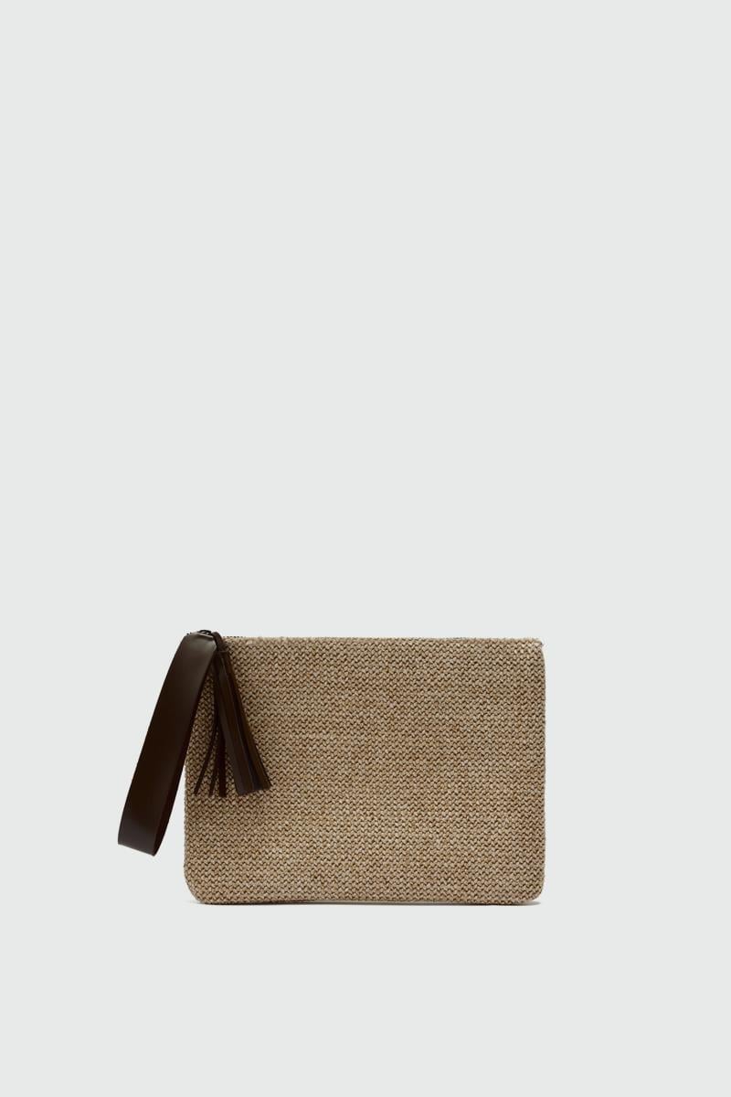 Juno Püskül Detatlı Hasır Clutch Çanta Kahve