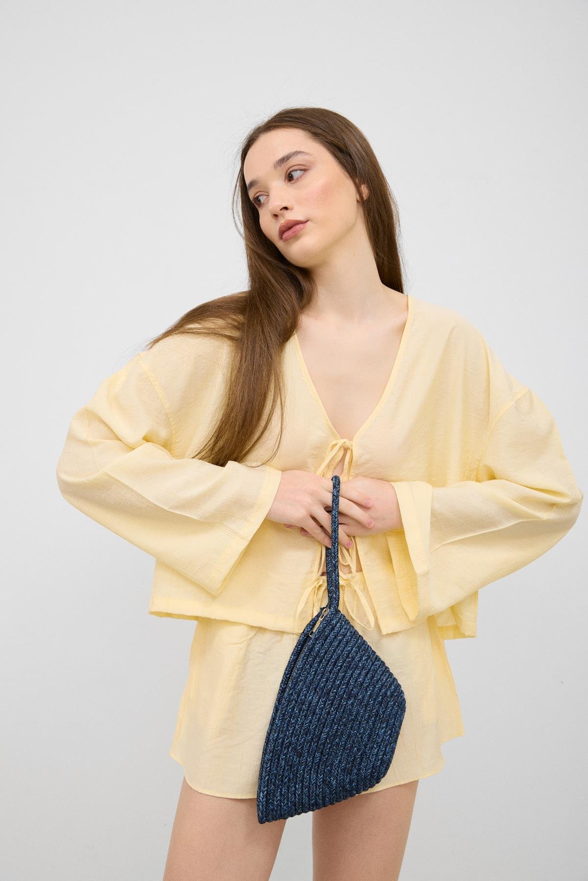 Rome Lacivert Handmade Hasır Clutch Çanta