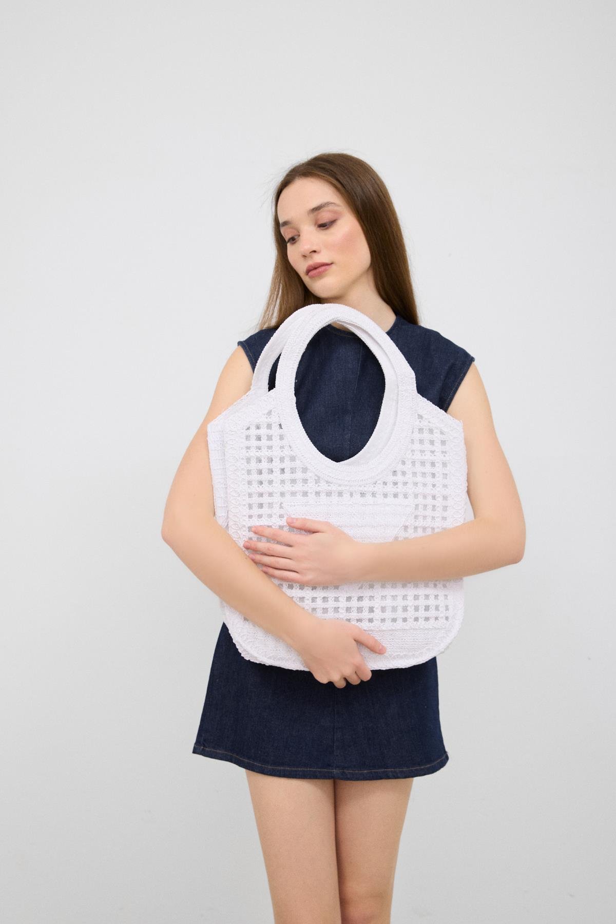 Vicolo Beyaz Handmade Makrome Tote Çanta