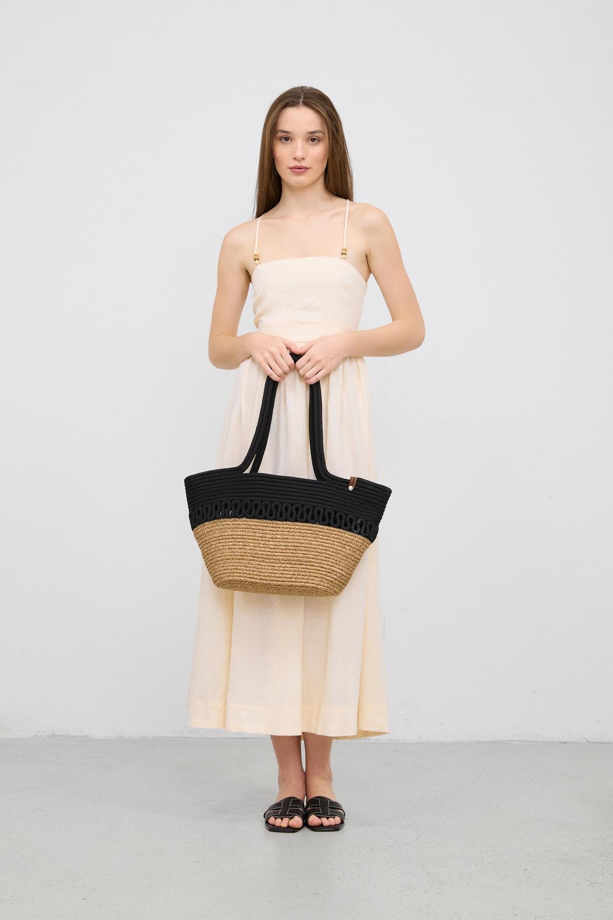 Miami Siyah Handmade Hasır Omuz Çantası