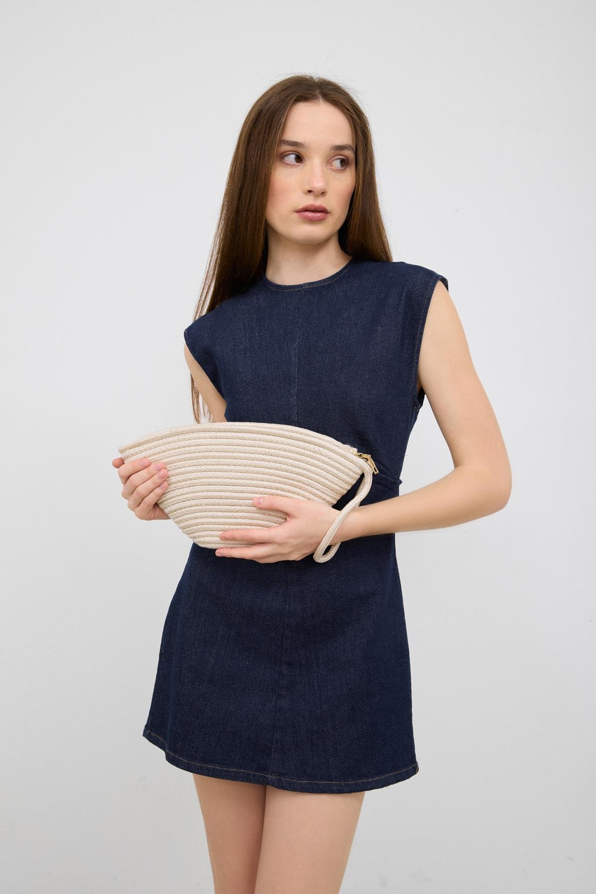 Rome Krem Handmade Hasır Clutch Çanta