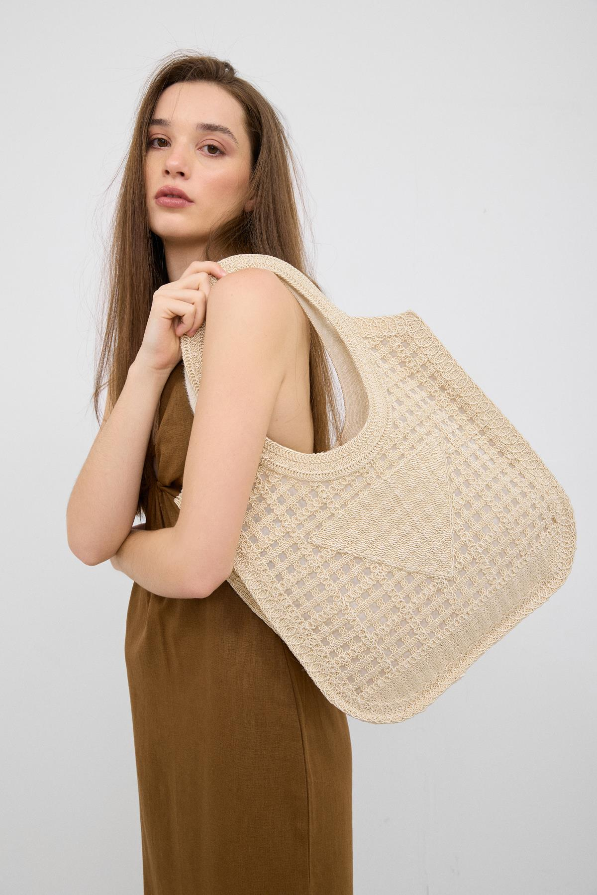 Vicolo Krem Handmade Makrome Tote Çanta