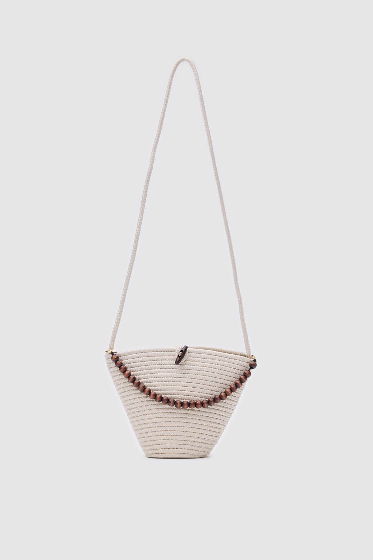 Piccolo Krem Handmade Boncuk Detaylı Hasır Çanta