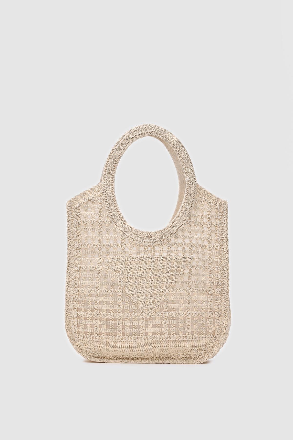 Vicolo Krem Handmade Makrome Tote Çanta