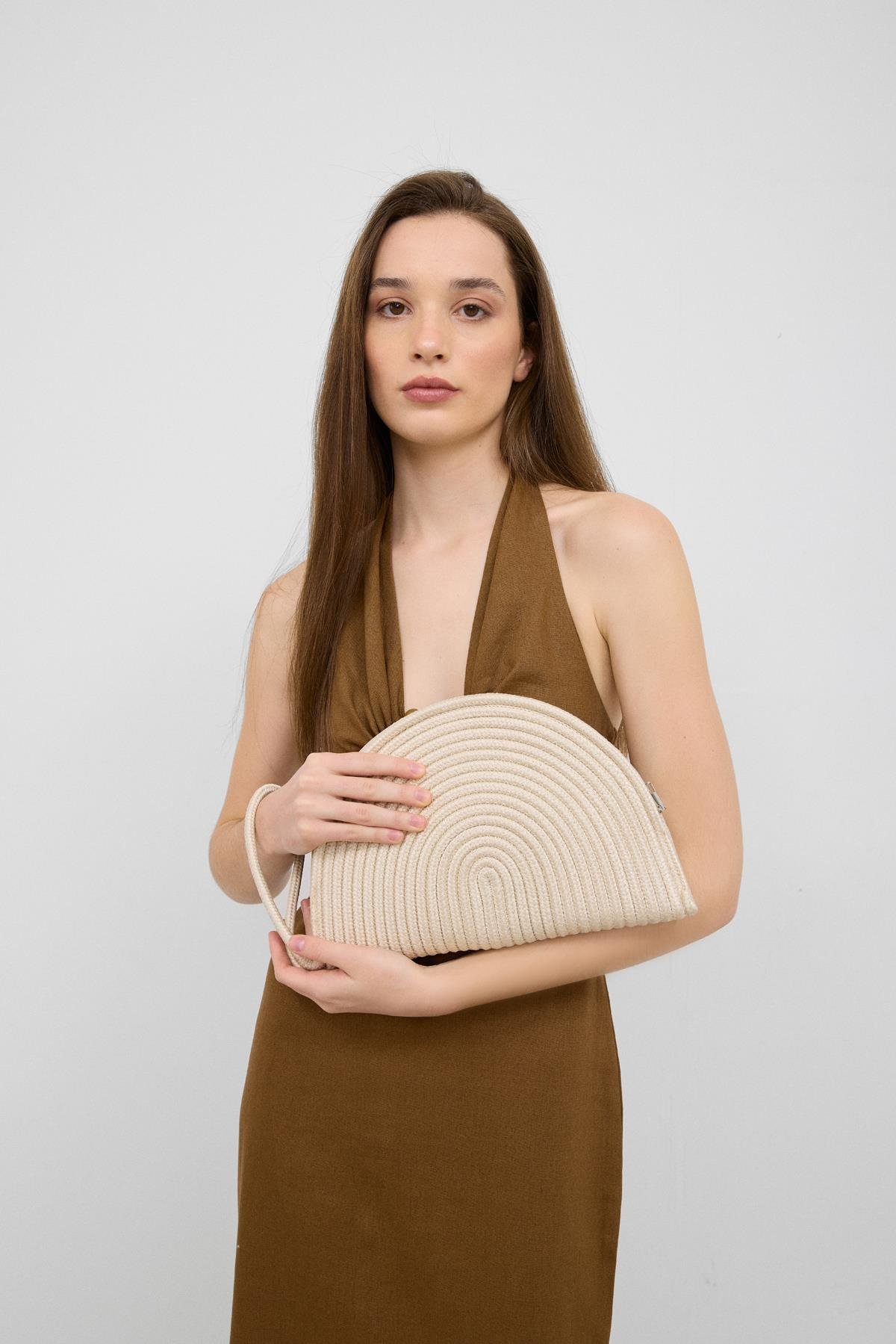 Most Krem Handmade Hasır Clutch Çanta 