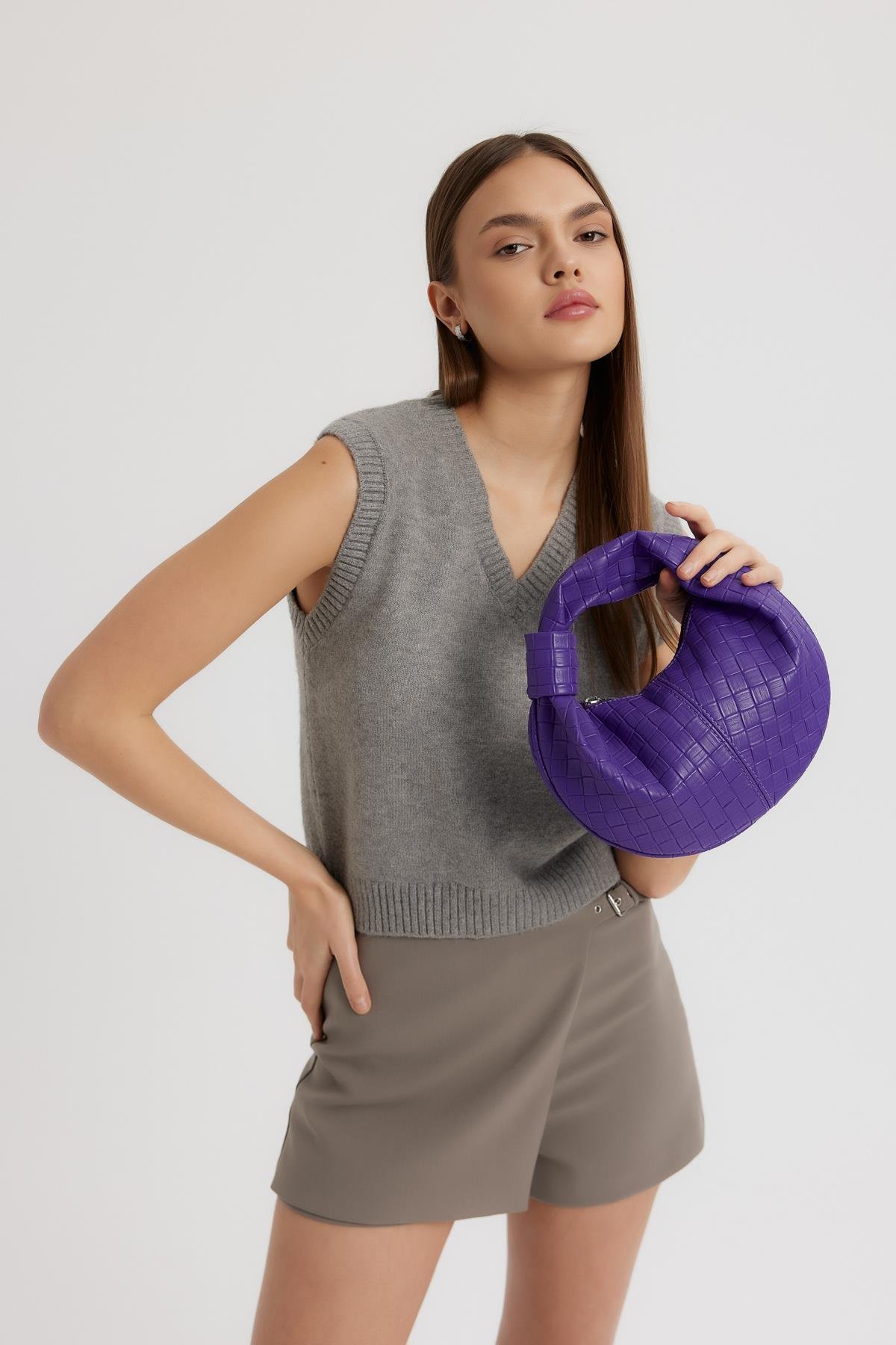 Örgü Detaylı Baget Çanta Capsule Mor