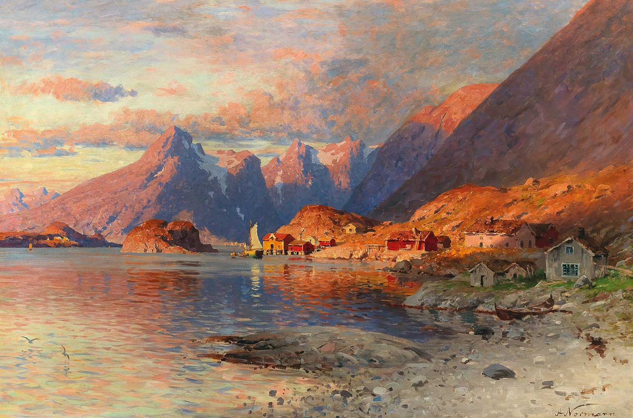 Adelsteen Normann A Fjord Landscape at Sunset Art Print