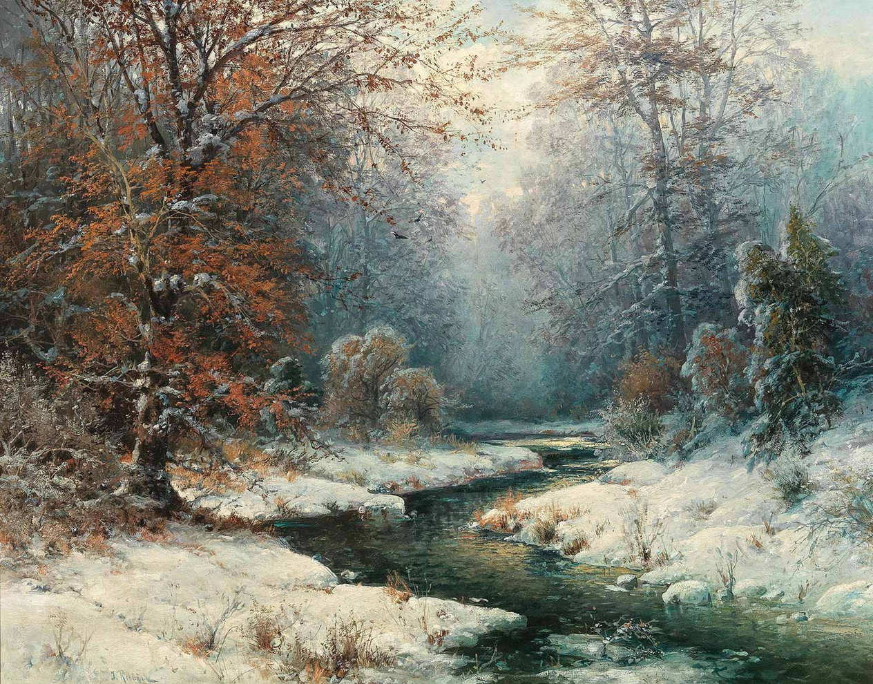 Adolf Kaufmann River Landscape In Winter Art Print