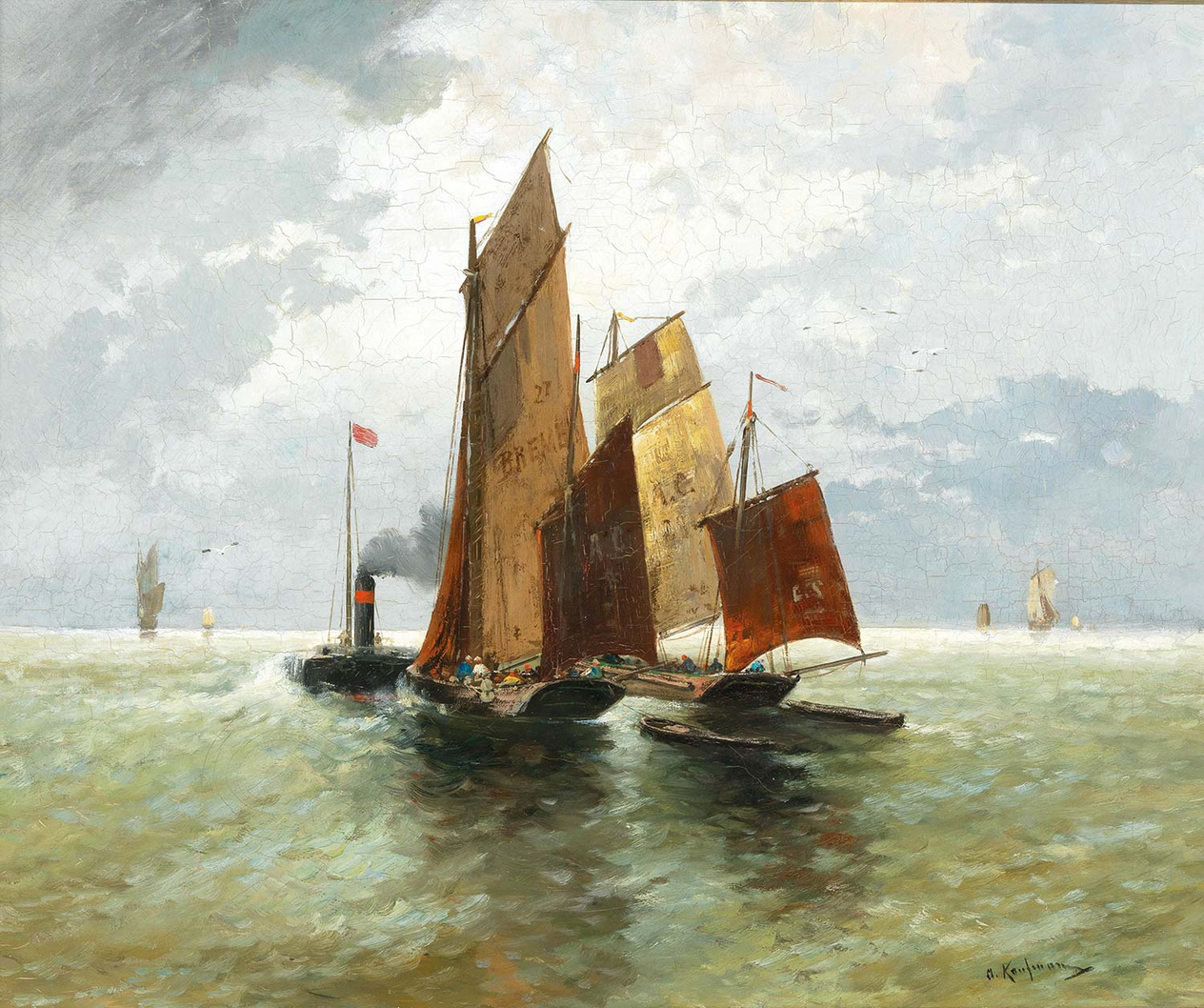 Adolf Kaufmann Steamboat And Fishing Boats At Sea Art Print