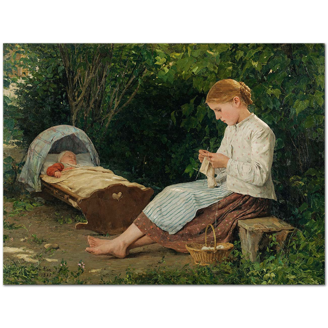 Albert Anker Knabe Knitting Girl Watching the Toddler in a Cradle Art Print