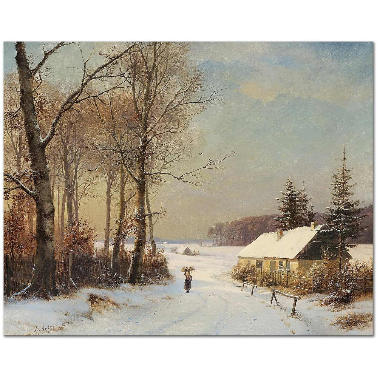 Anders Andersen-Lundby Winter Landscape with a Woman on a Road near a House Art Print
