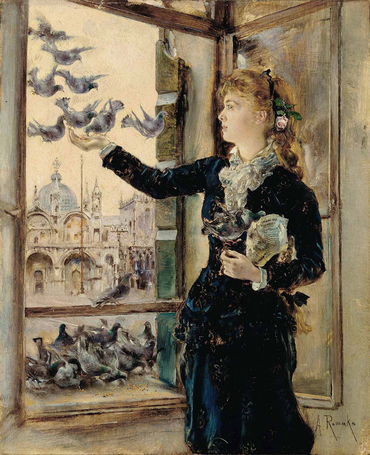 Anton Romako Mädchen an einem Fenster zum Markusplatz, Tauben Fütternd Art Print