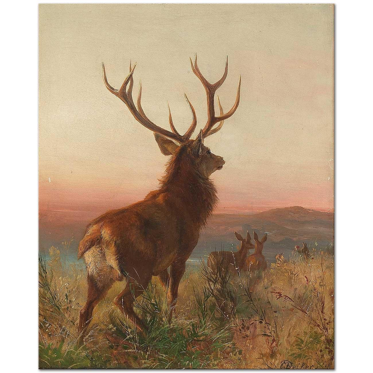 Carl Friedrich Deiker Kapitaler Hirsch mit Tieren Art Print