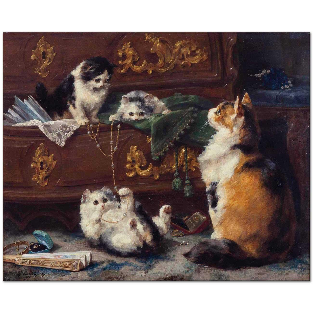Charles van den Eycken Kedi ve Yavruları Kanvas Tablo