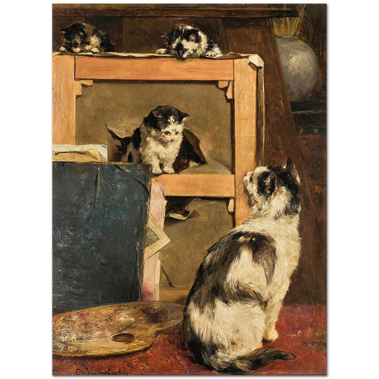 Charles van den Eycken Kediler Oyunda Kanvas Tablo