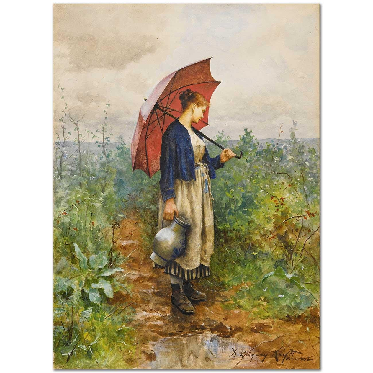 Daniel Ridgway Knight Su Taşıyan Şemsiyeli Kadın Kanvas Tablo