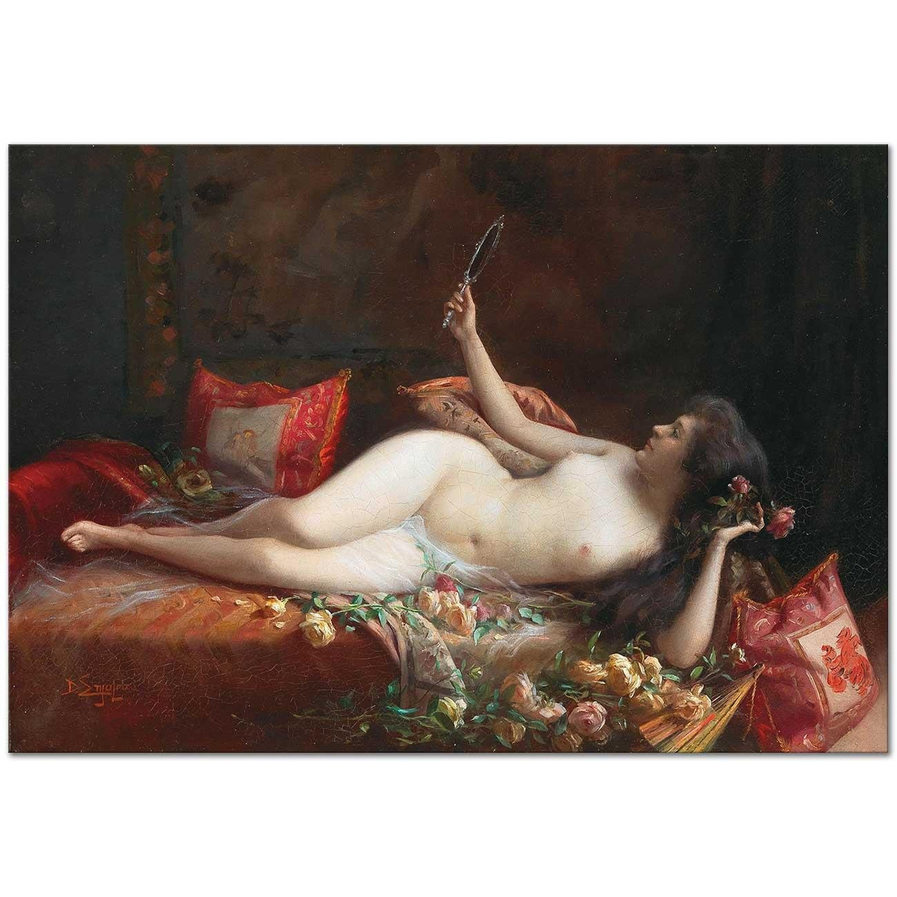 Delphin Enjolras Güllerle Süslü Yatakta Kadın Kanvas Tablo