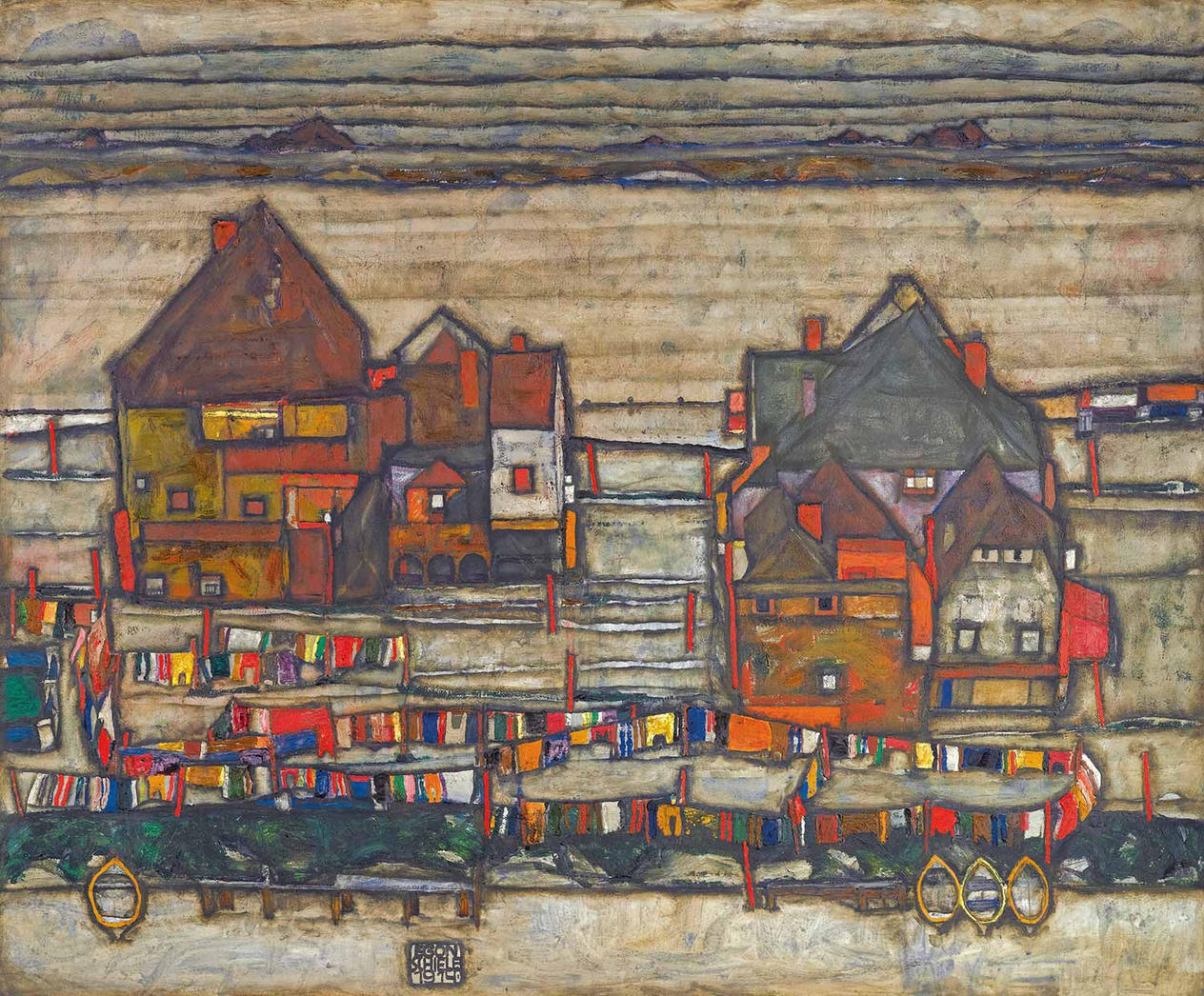 Egon Schiele Houses With Laundry (Suburb II) Art Print