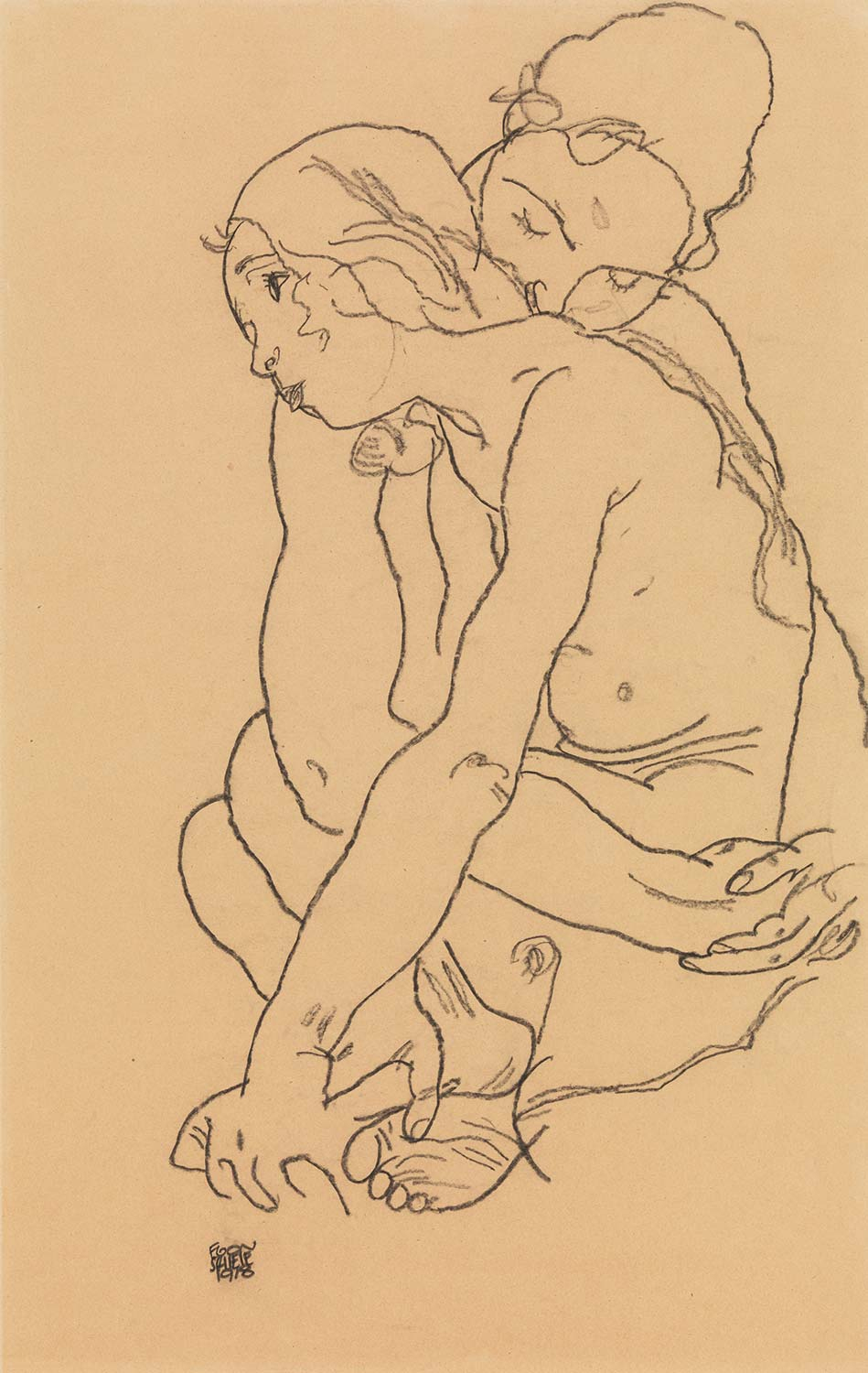 Egon Schiele Woman and Girl Embracing Art Print