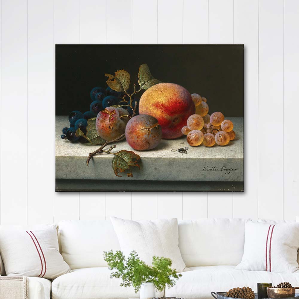 Emilie Preyer Still Life with Peach, Plums, Grapes and a Fly Art Print