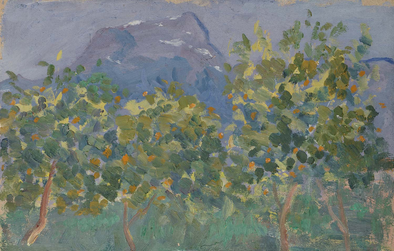 Ernesto Schiess Orange Trees and Distant Mountain Art Print