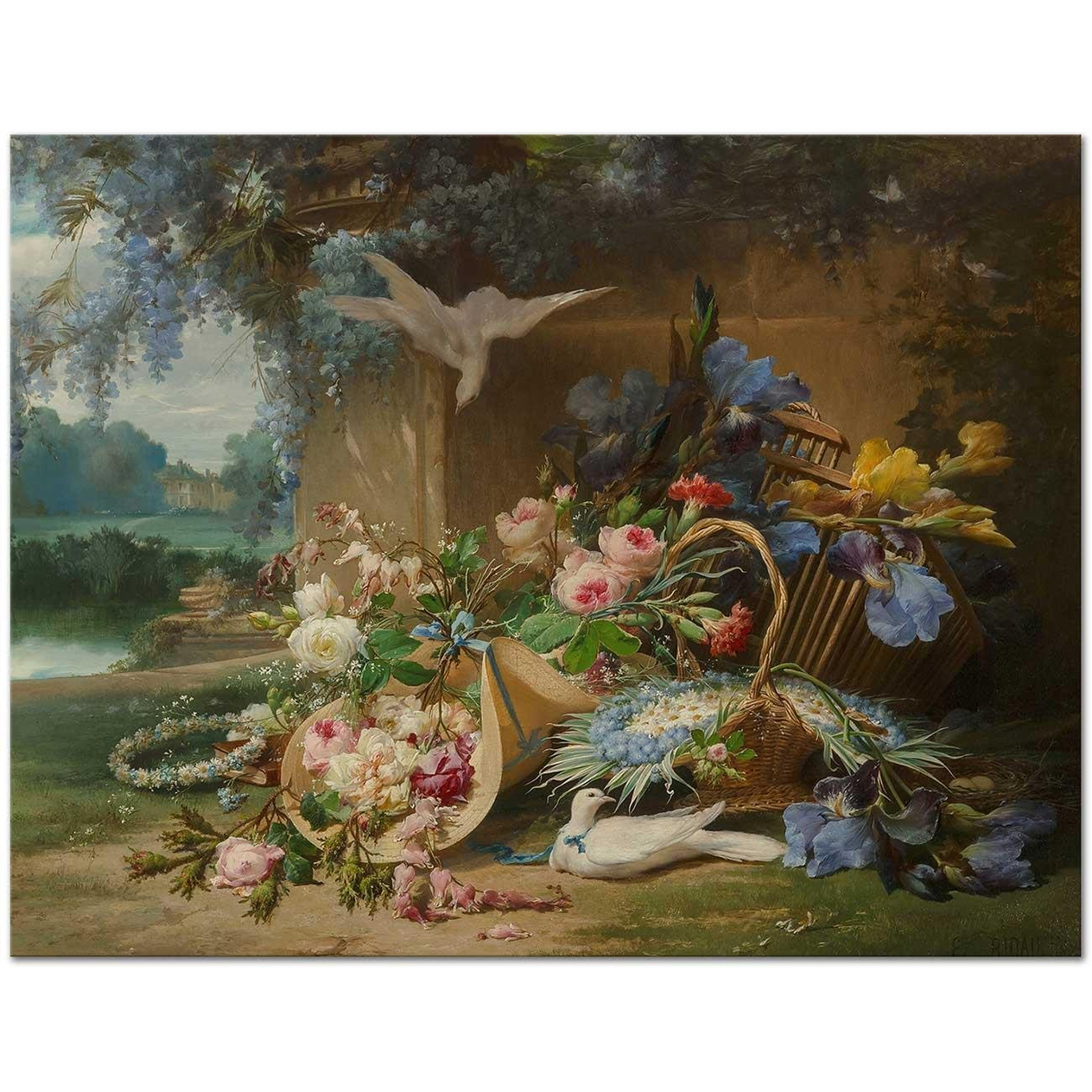 Eugene Bidau Floral Still Life with Doves and Wisteria Art Print