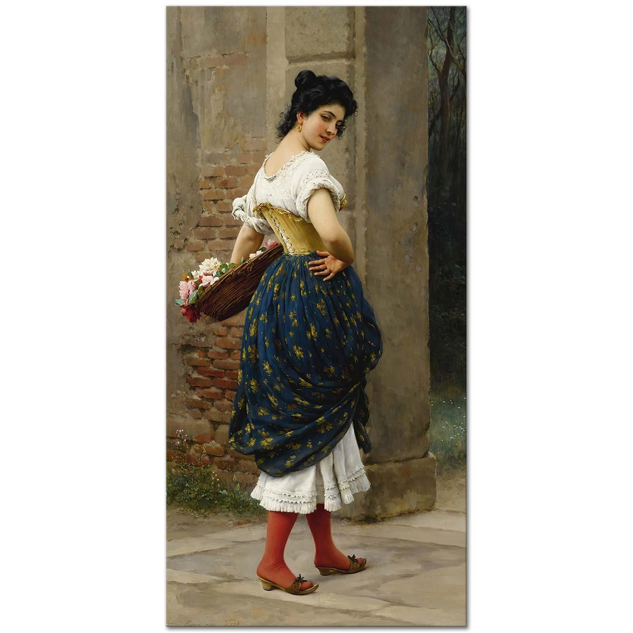 Eugene de Blaas A Maiden With A Basket Of Roses Art Print